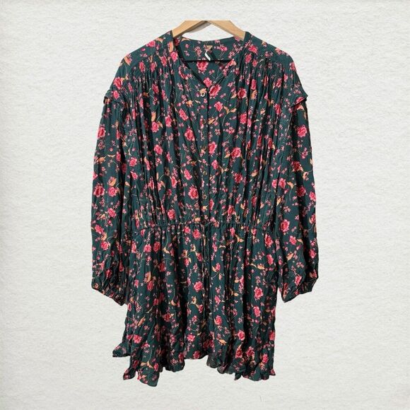 Free People Boho Floral Dress M Green Pink Long Sleeve Button Peasant Tunic - Picture 2 of 10
